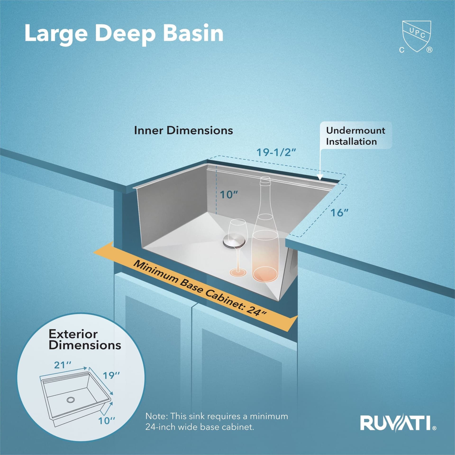 Ruvati | Roma 21" Undermount 16 Gauge Stainless Steel Workstation Bar Sink with Cutting Board - alternate view