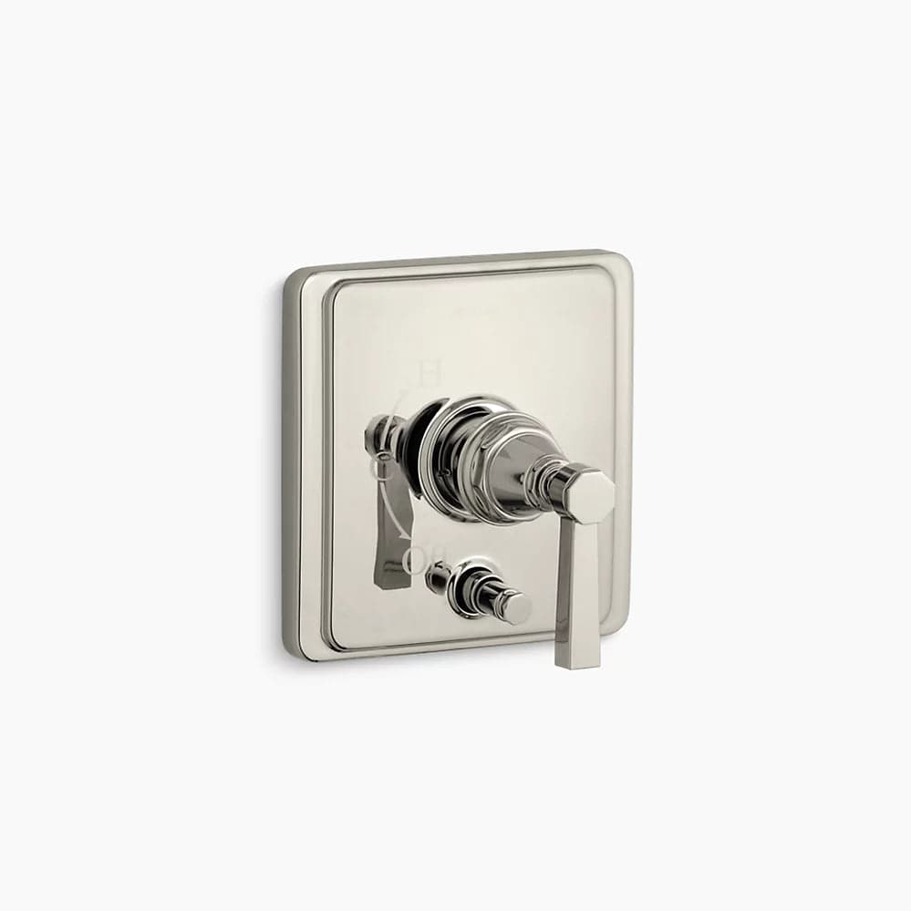 Kohler Pinstripe Rite-Temp valve trim with diverter and plain lever in vibrant polished nickel