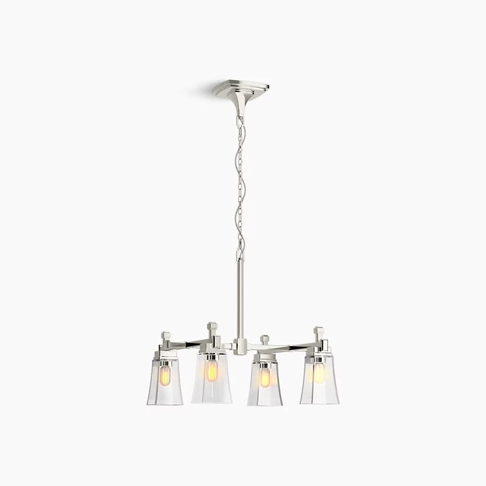 Kohler Riff Four-Light Chandelier 30.5" polished nickel with clear bell-shaped shades