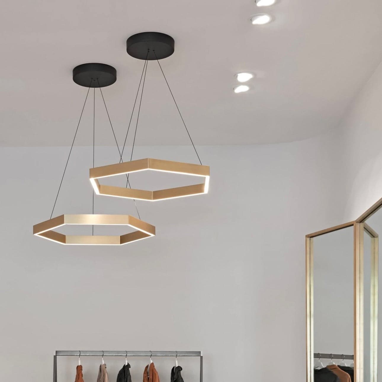 Resident Hex 750 Pendant Light in hand-brushed brass with hexagonal shape