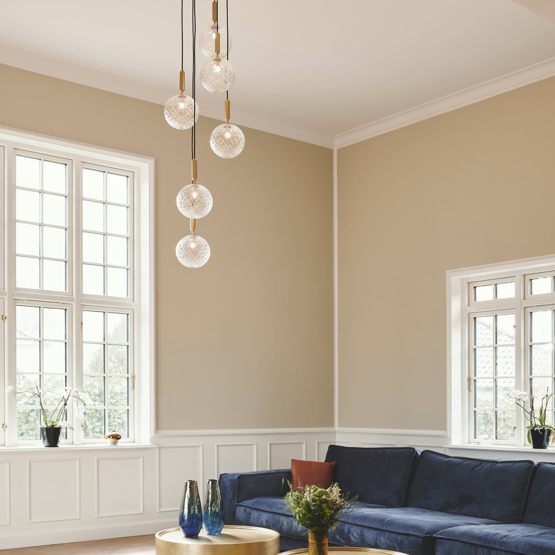 Nuura Miira 6 Chandelier with optic clear glass globes and brass finish, 18.5 inches