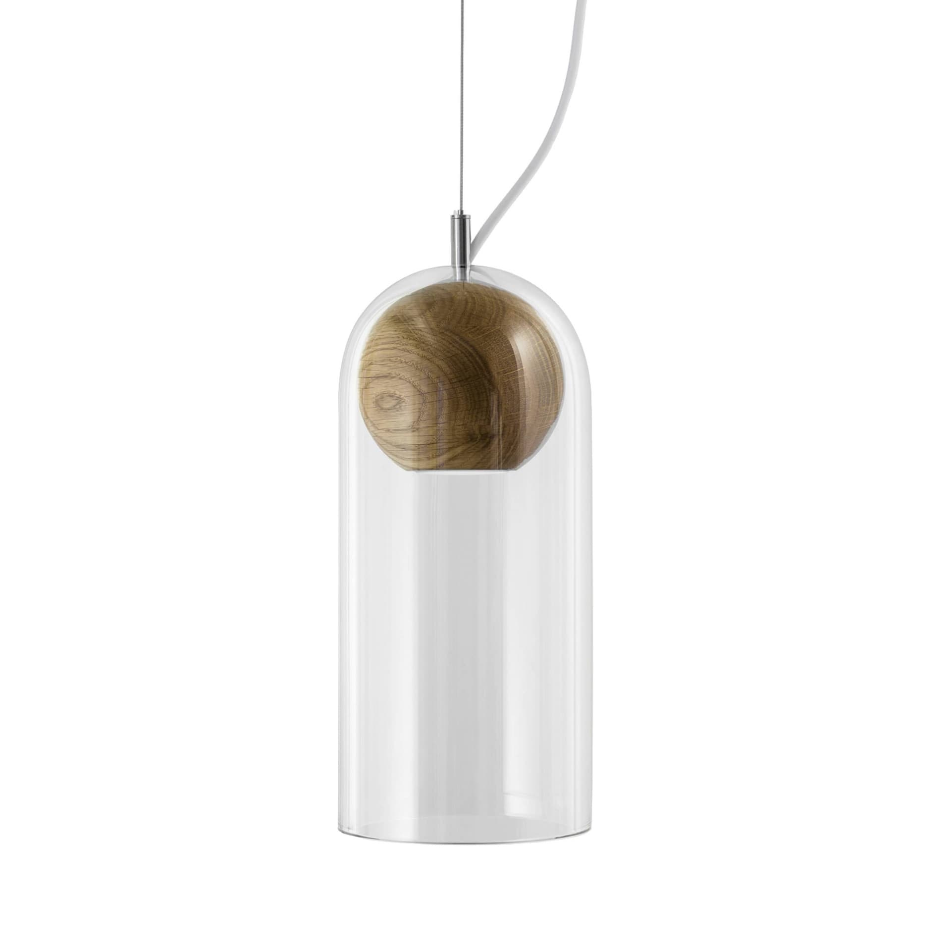 Vitamin Living Cloak Pendant Light with oak sphere and clear glass dome shade, 11.5" height
