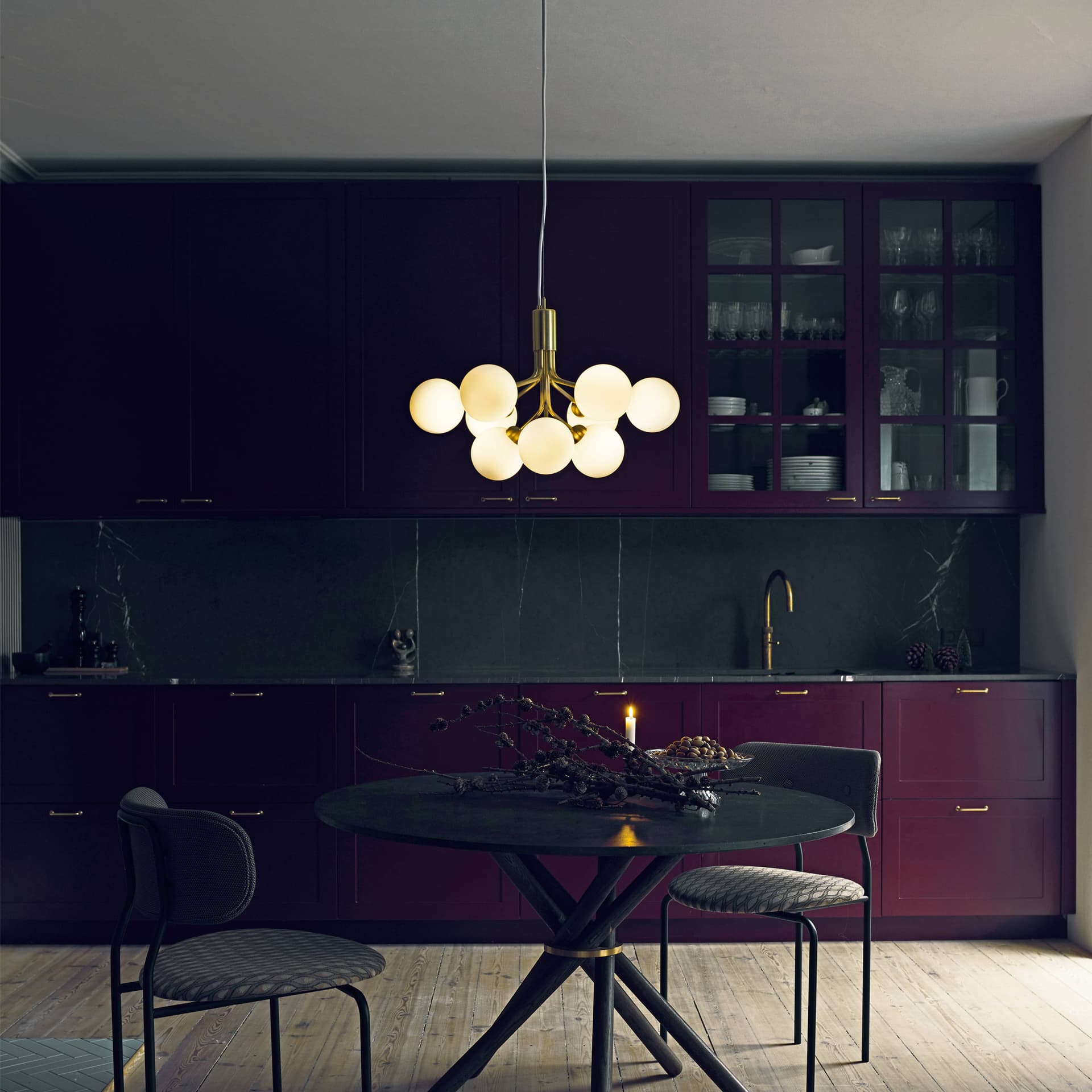 Nuura Apiales 9 Chandelier in brushed brass with opal white glass and gold accents