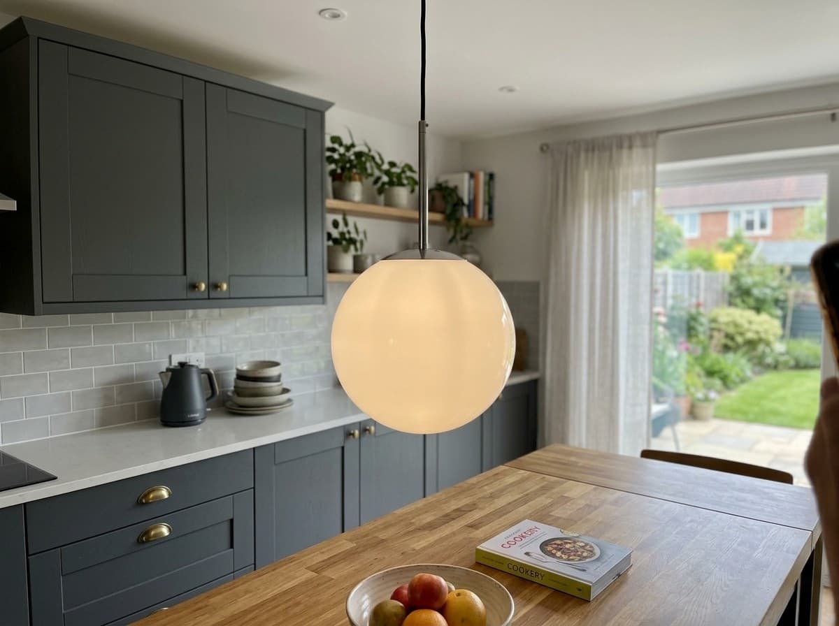 Tom Dixon Opal pendant, small, shown installed (AI-generated image)