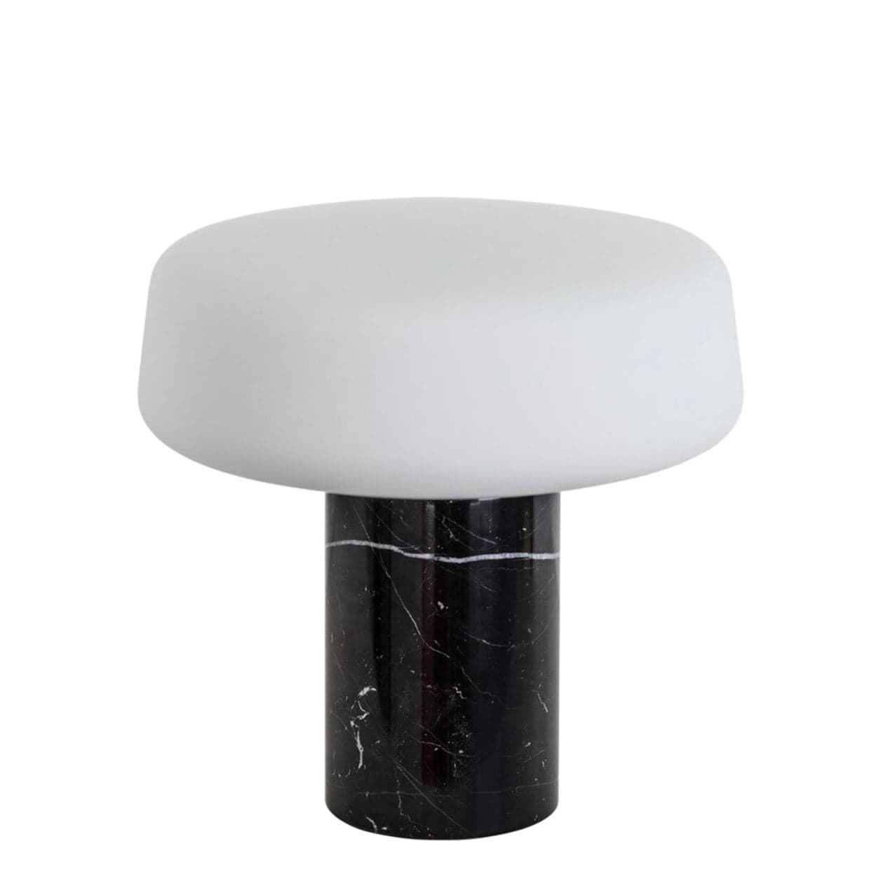 Terence Woodgate Large Solid Table Light in Nero Marquina marble with opal glass shade