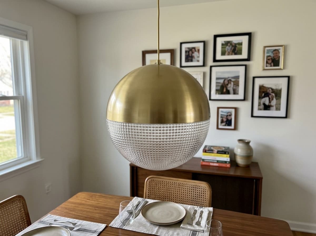 Lens Flair pendant in brushed brass, shown installed (AI-generated image)