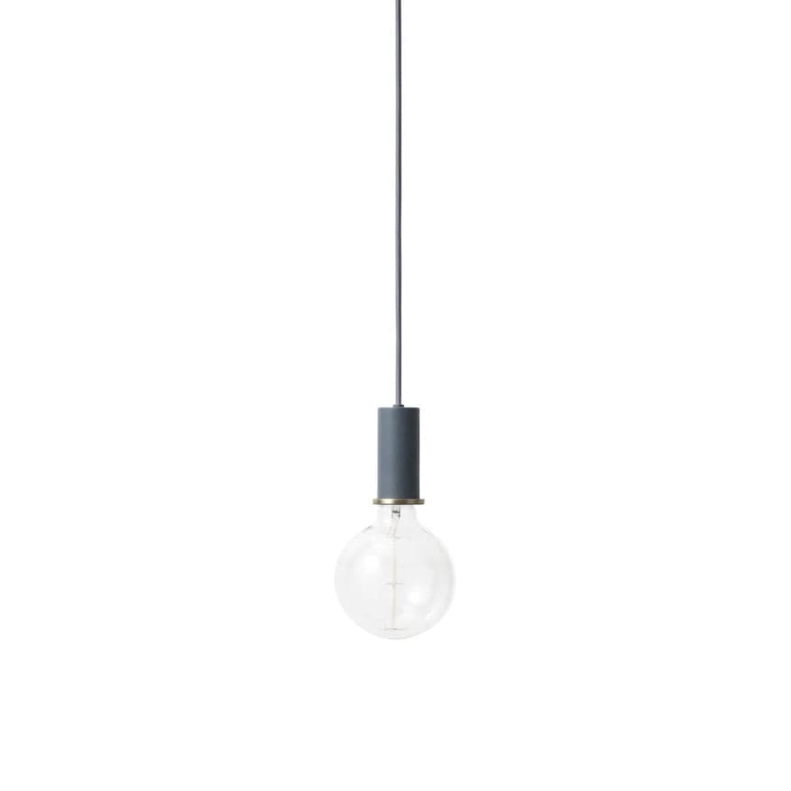 Ferm Living Socket Pendant Low in dark blue barrel fixture with brass ring and ceiling mount