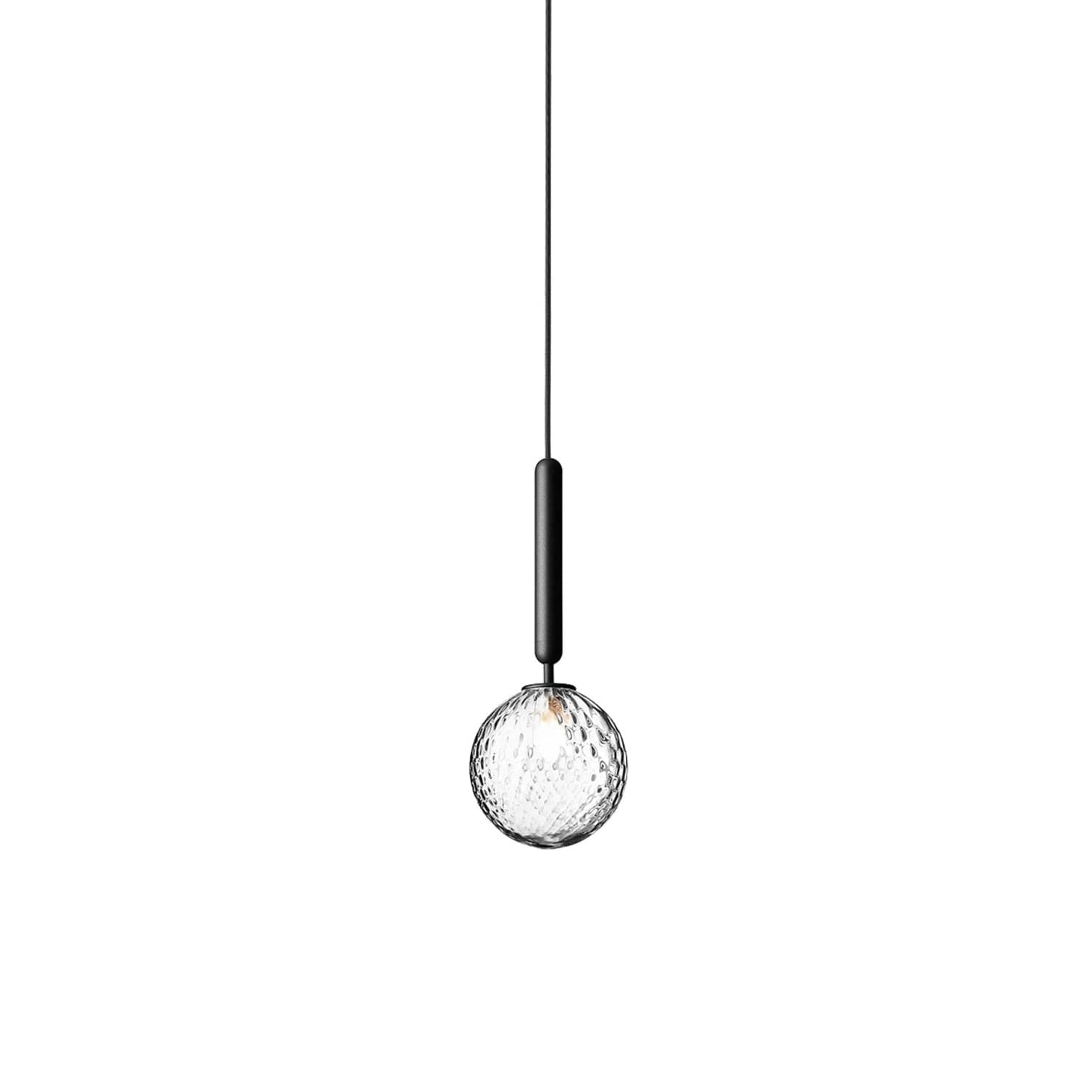 Nuura Miira 1 Pendant in Optic Clear, Small, mouth-blown glass globe with dark-grey cylinder