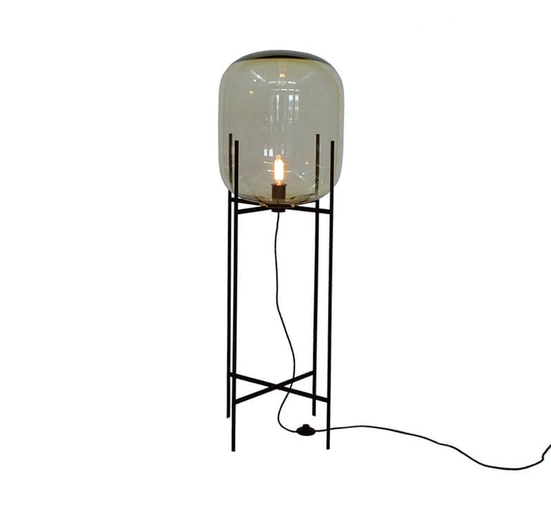 Pulpo Oda Big floor lamp with smokey grey hand-blown glass shade and black powder-coated steel base