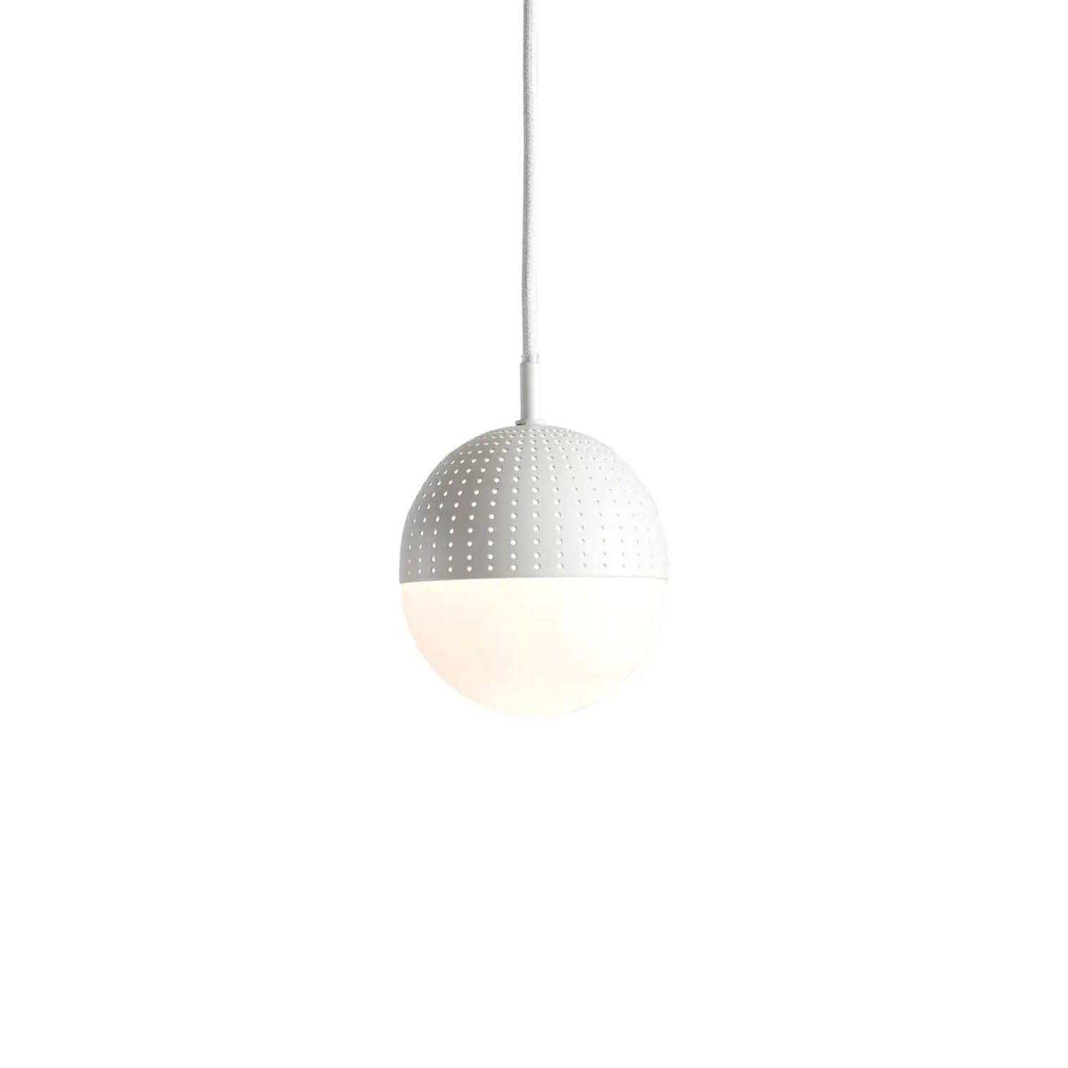 Woud Dot Pendant Light, Small in White with perforated metal shade and opal glass