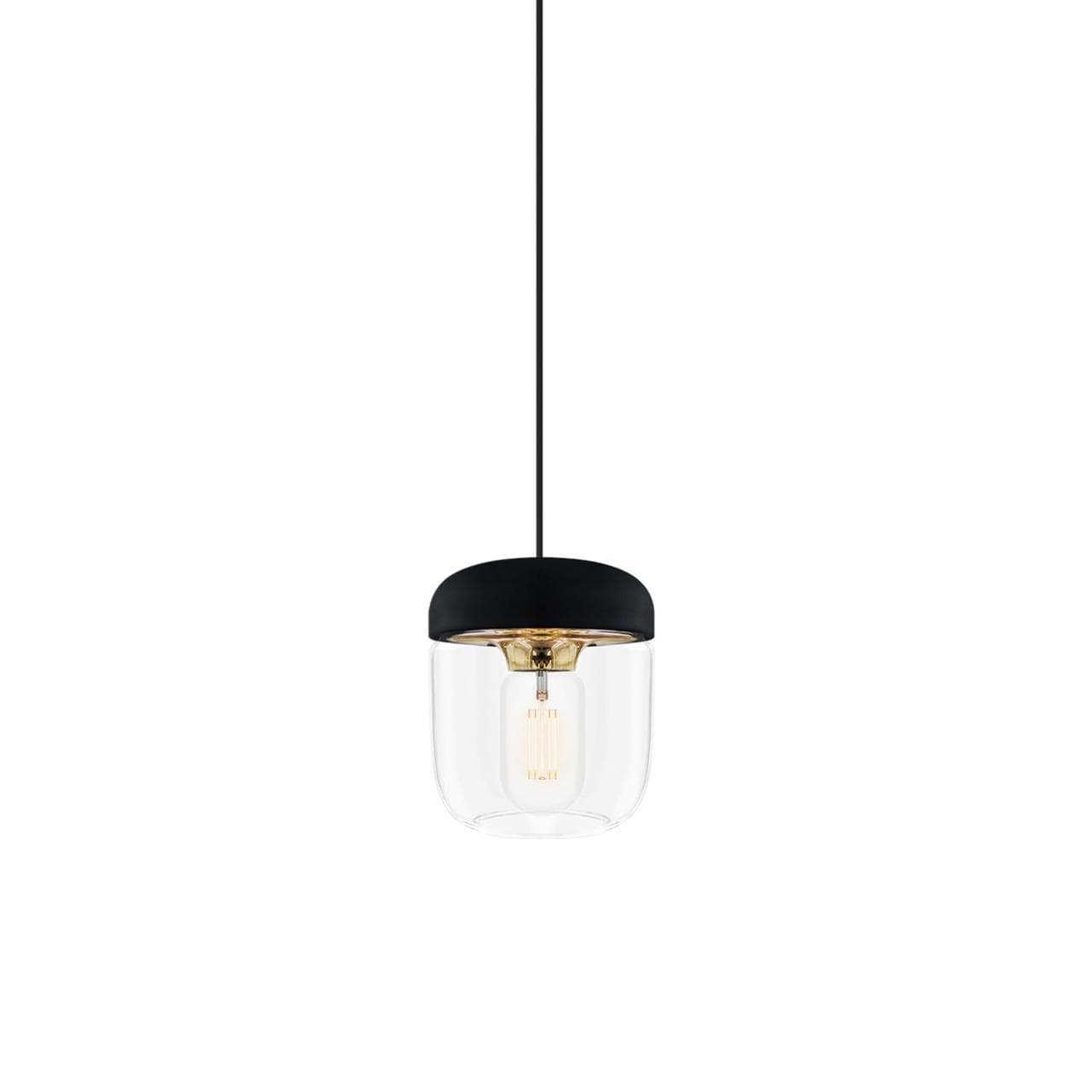 Umage Acorn Pendant in Black and Brass, 6.25" h x 5.5" dia, glass and aluminum