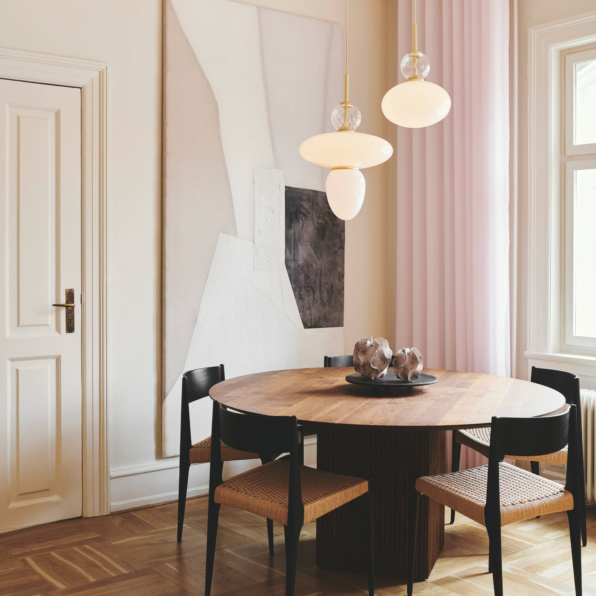 Nuura Rizzatto 43 pendant light in satin brass with mouth-blown opal-white glass