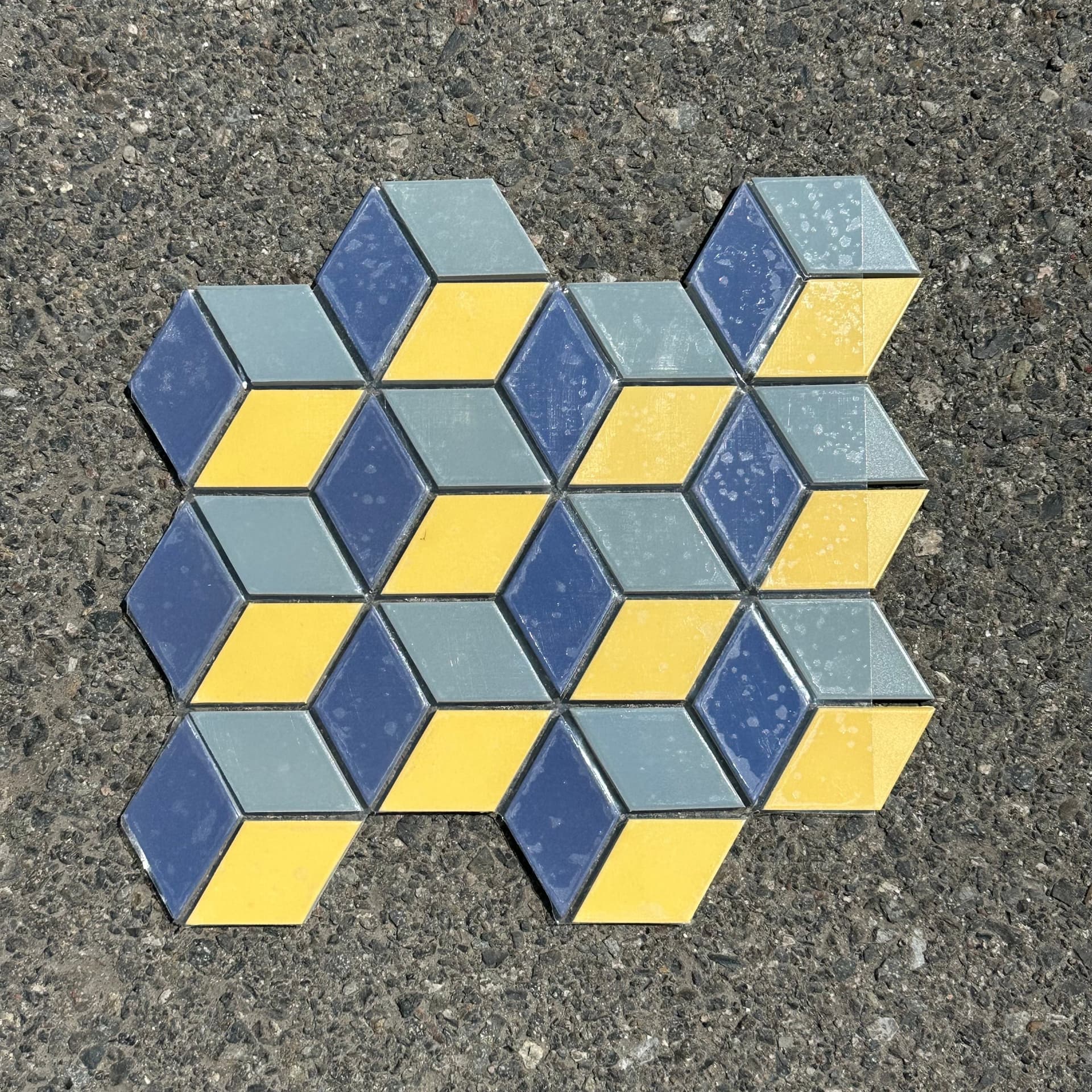 Heath Ceramics Little Diamond tile in Stone Gold, Blue Fog, and Bay Blue