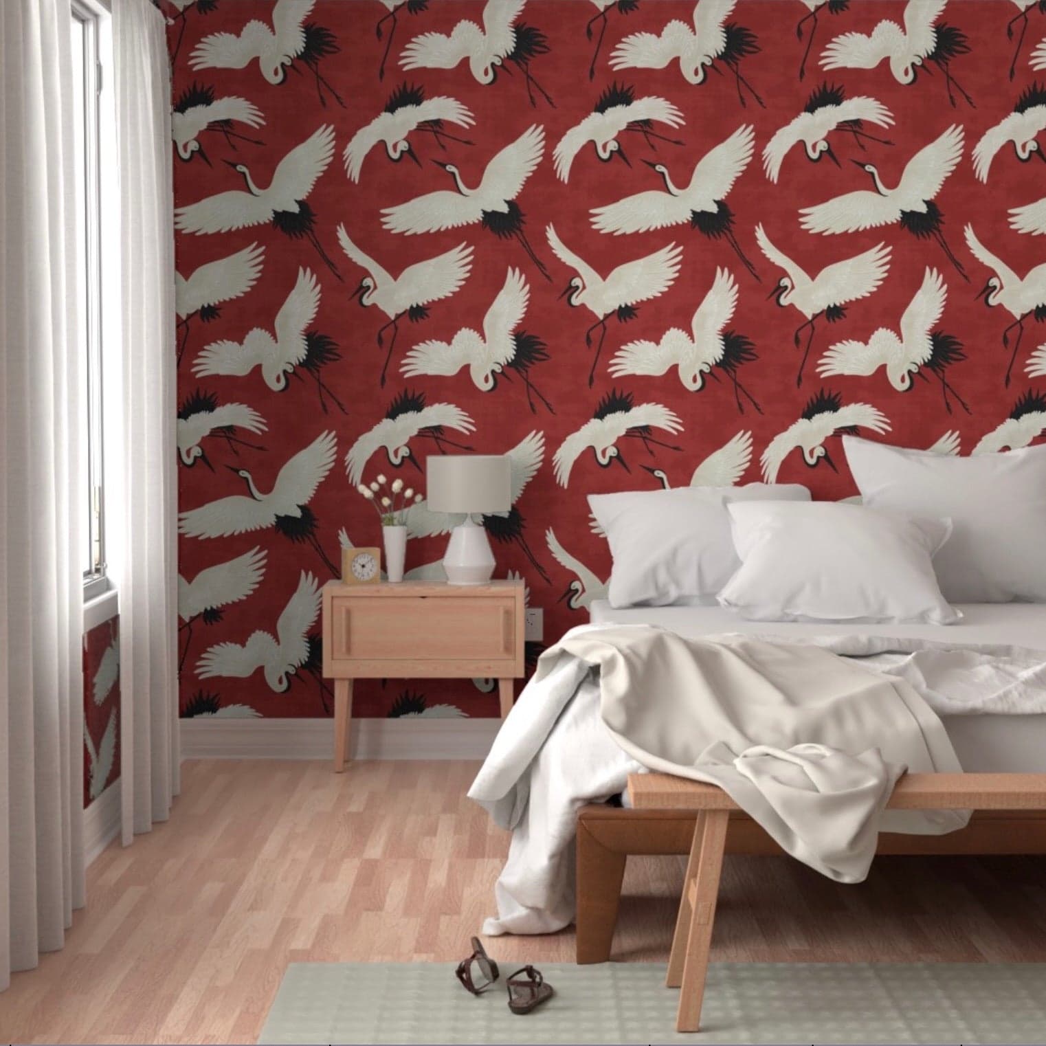 Kimsa Design Cranes-Red wallpaper with non-woven paper and pebble texture