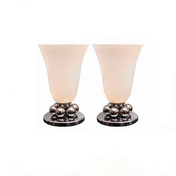 Pair of Table Lamps in polished nickel with white glass shade round accent balls, 12" diameter, 18" height