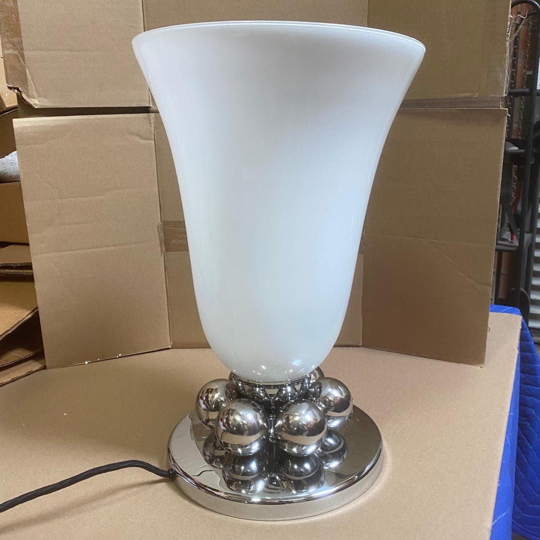 Pair of Table Lamps | Polished Nickel and White Glass Shade Round Accent Balls - alternate view