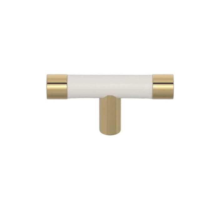 Turnstyle Designs Cabinet Barrel T Bar Recess in white leather with polished brass, 60mm