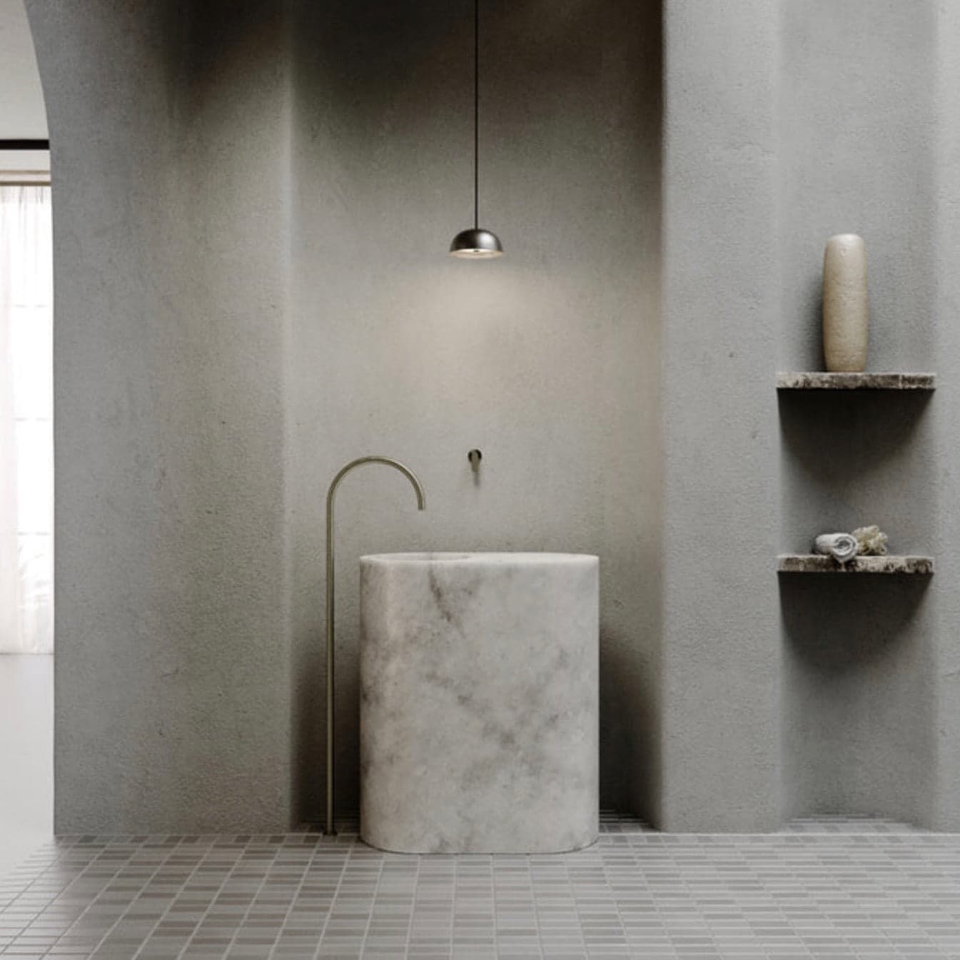 Cocoon JP Column bathroom sink in Griggio Amsterdam marble, freestanding monolith basin