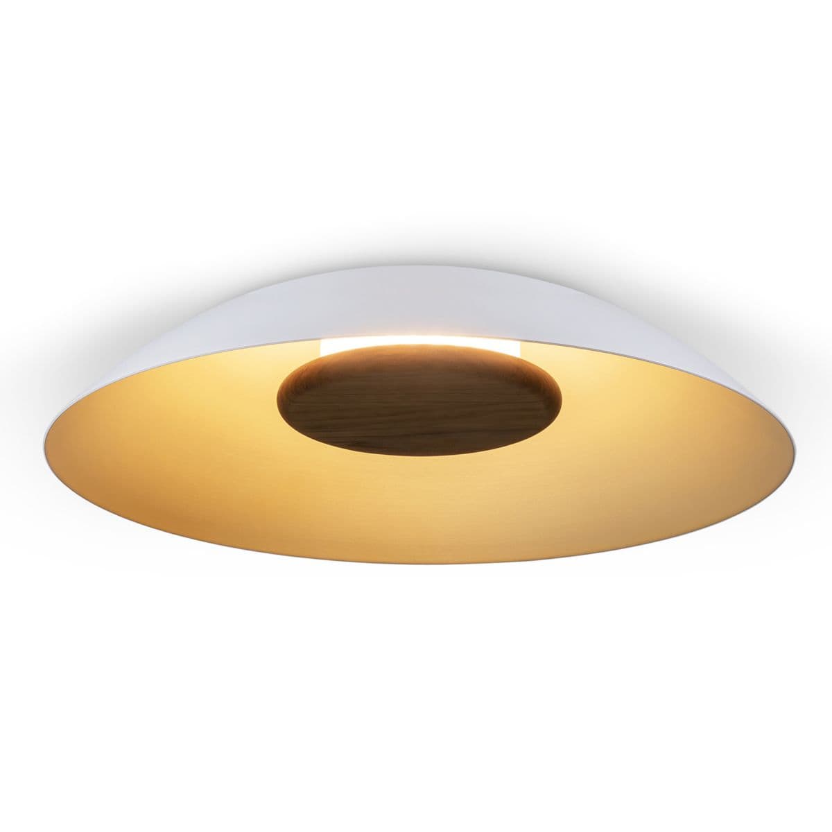 Cerno | Volo LED Flushmount — Brushed Brass Interior & White Exterior with Walnut Disc, 18 Inch