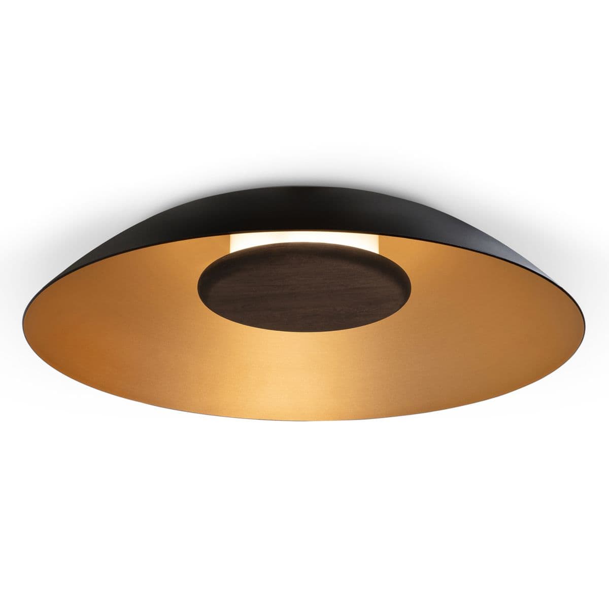 Cerno | Volo LED Flushmount — Brushed Brass Interior & Black Exterior with Dark Stained Walnut Disc, 18 Inch