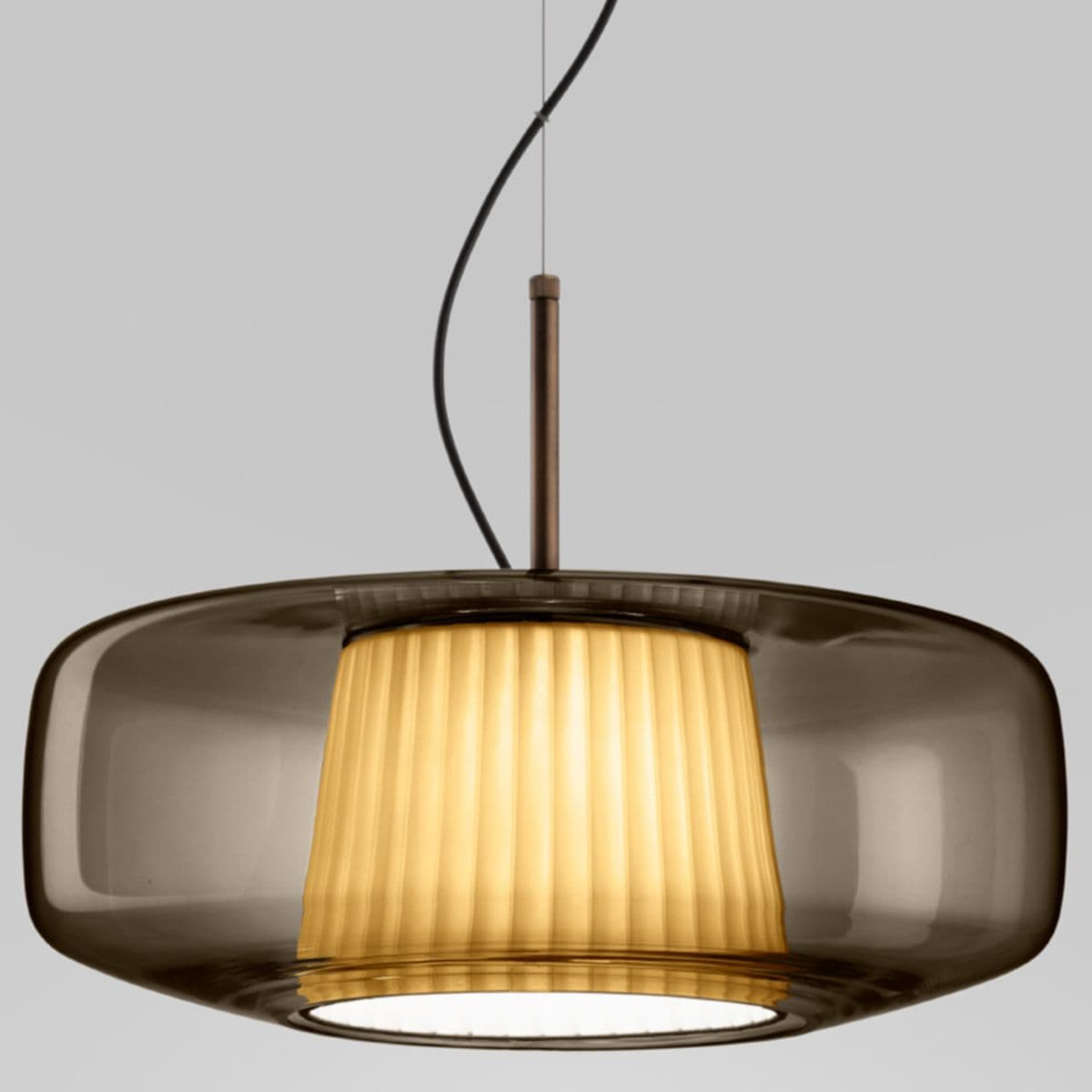 Vistosi | Plisse' LED Pendant — Smoky Pongee Silk, Matte Bronze, 0-10V