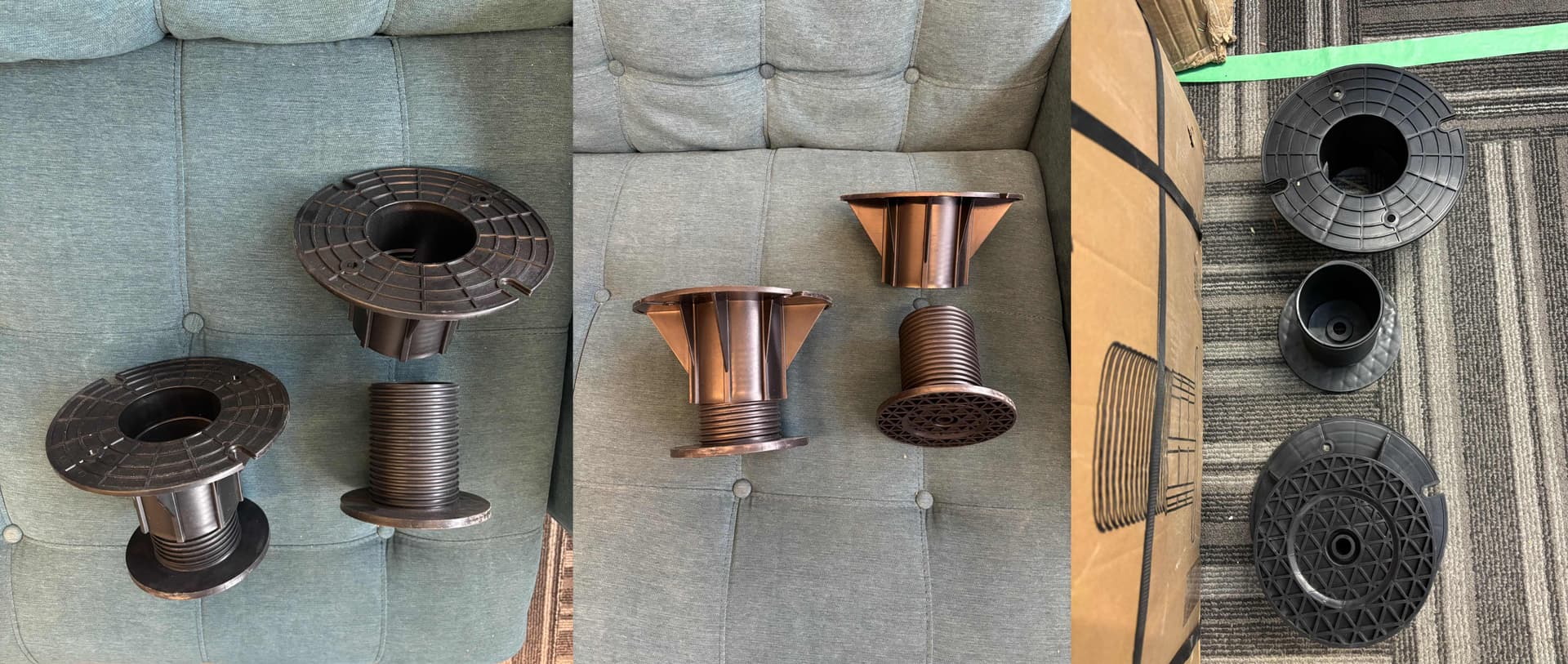 Black adjustable deck pedestal supports with base, top, stop ring, spacer, pad, and extension riser