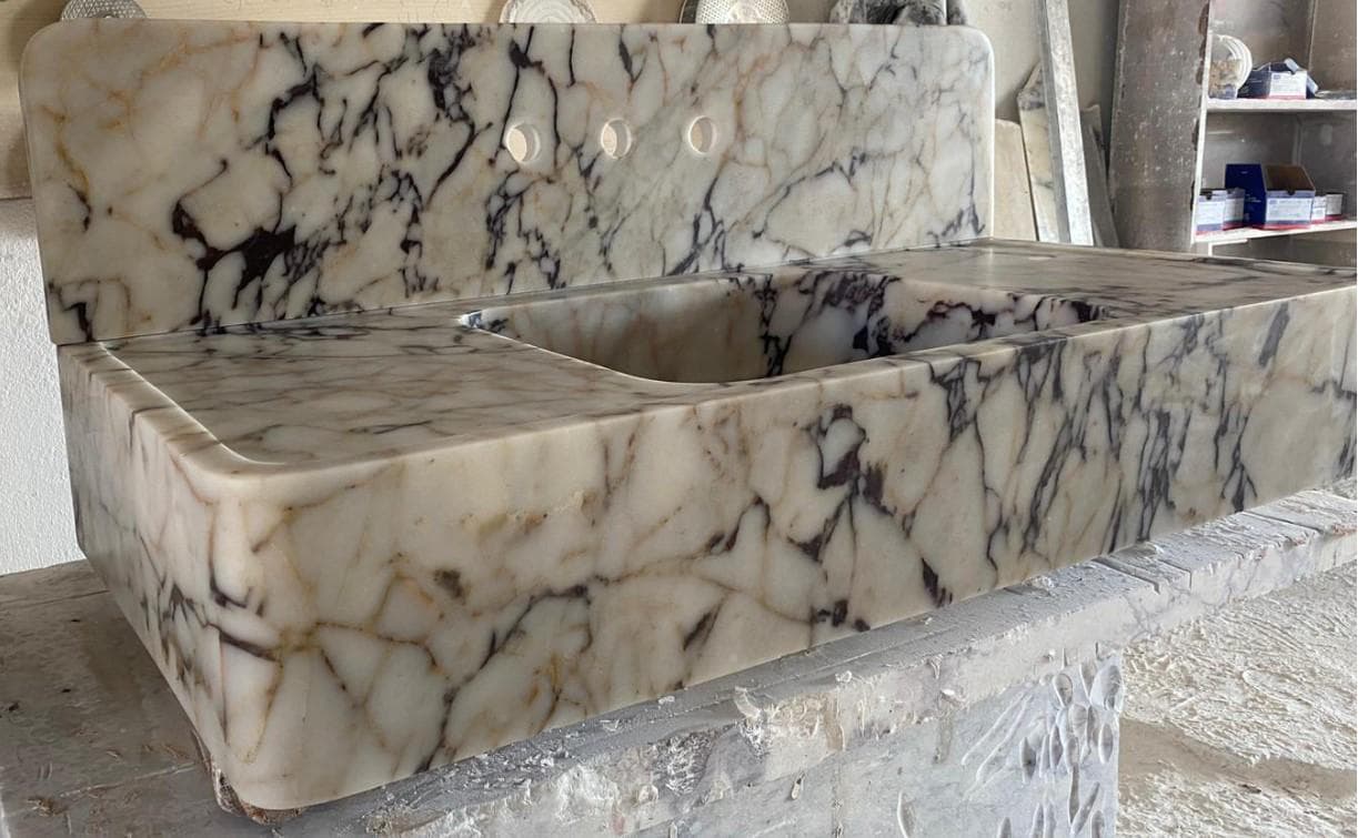 Viola Marble Bathroom Sink in Calacatta marble with backsplash, 43"W x 20"D