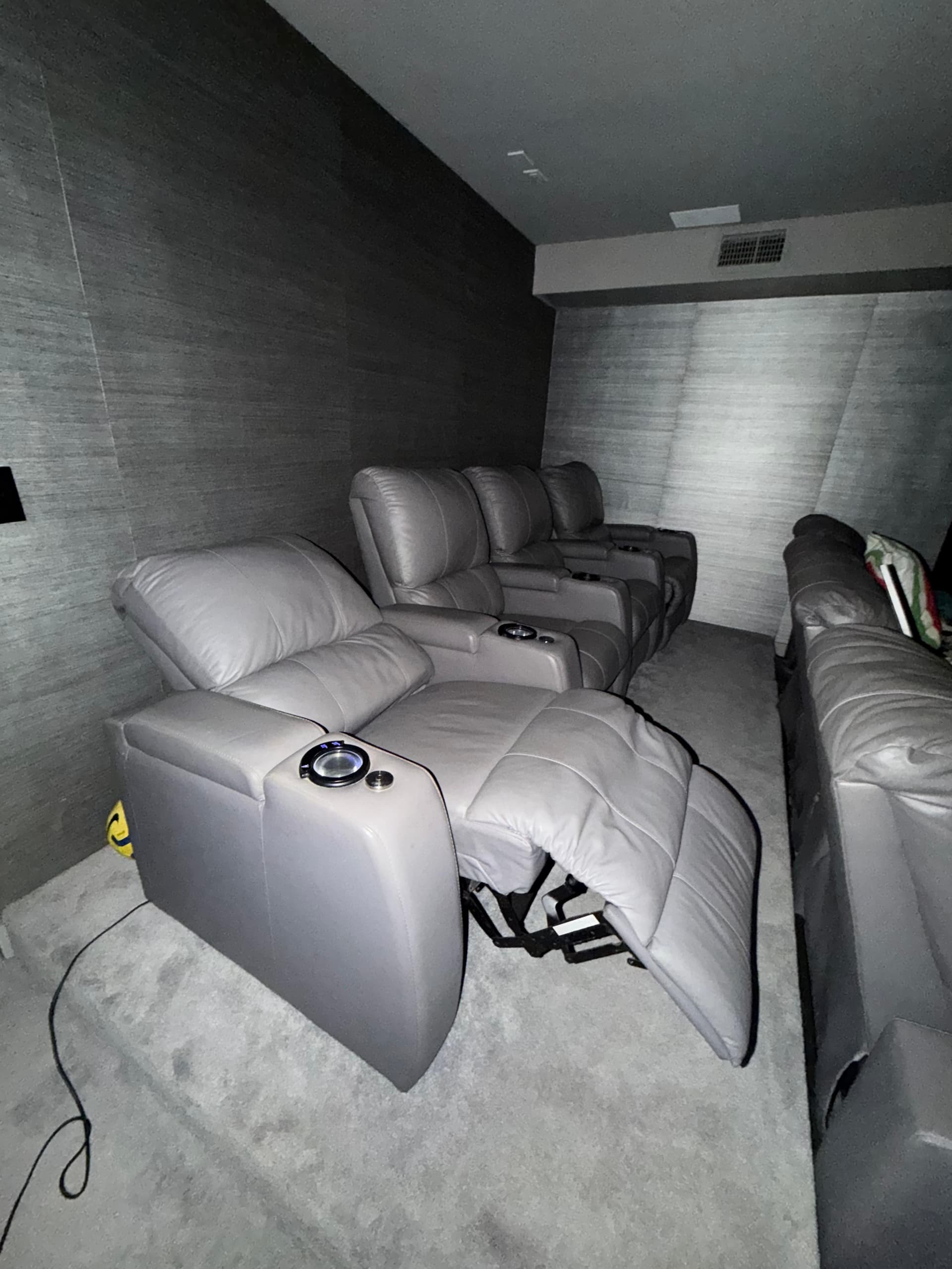 Palliser Playback leather home cinema chairs, row of 4 with LED cupholders and storage