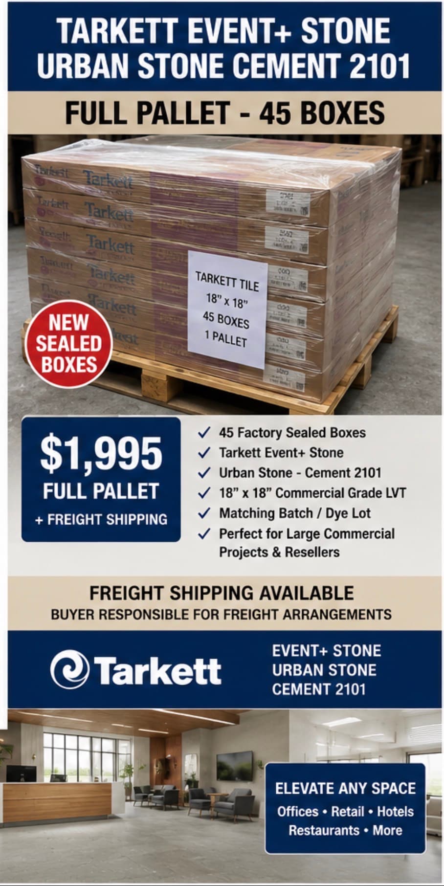 Tarkett Event+ Stone Urban Stone Cement luxury vinyl tile pavers, 45 boxes