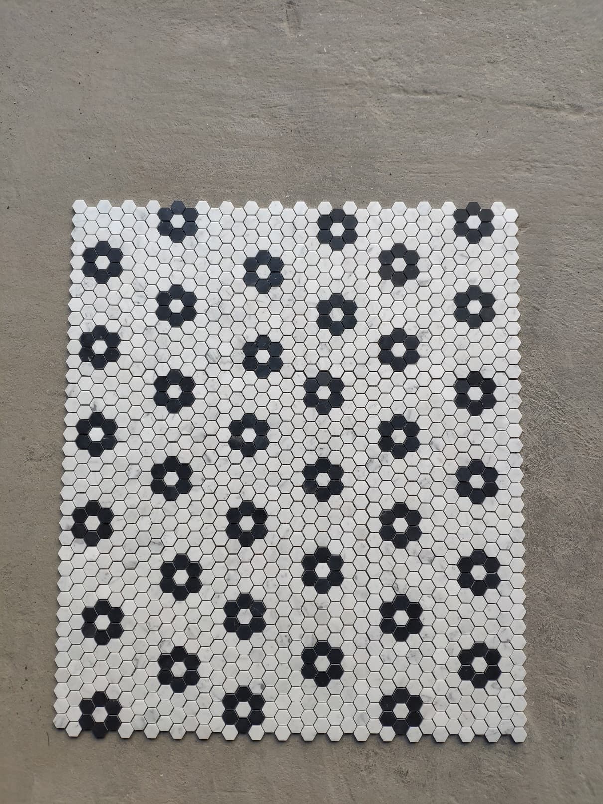 Carrara White and Nero Marquina Black marble 1-inch hexagon rosette mosaic tile, honed finish