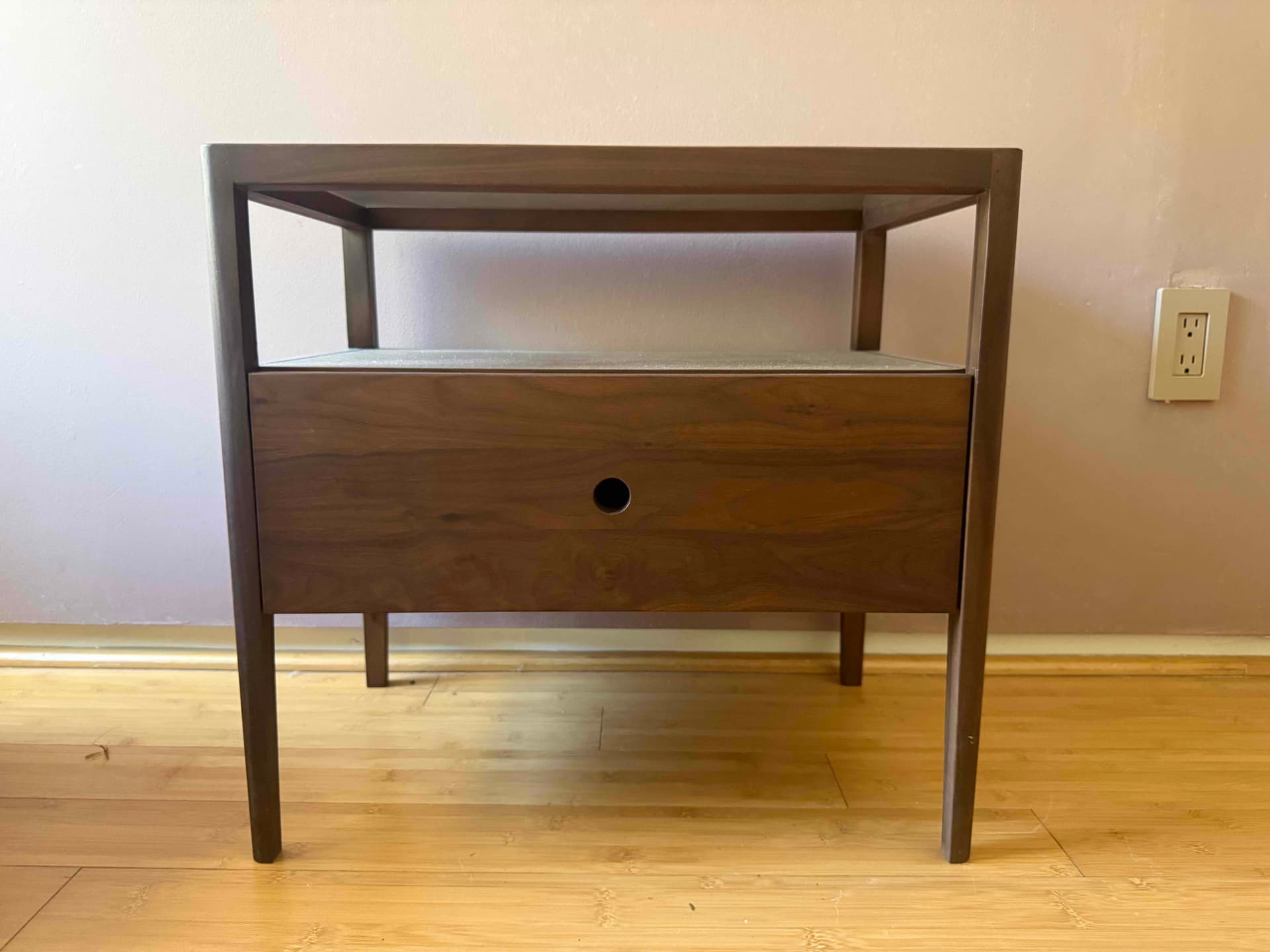 Ethnicraft Spindle Nightstands pair, solid oak with glass top