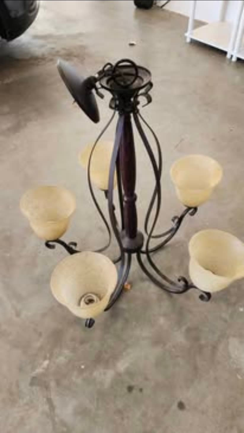 Stylish 5-light chandelier with dark bronze frame, wood accent, and frosted glass shades