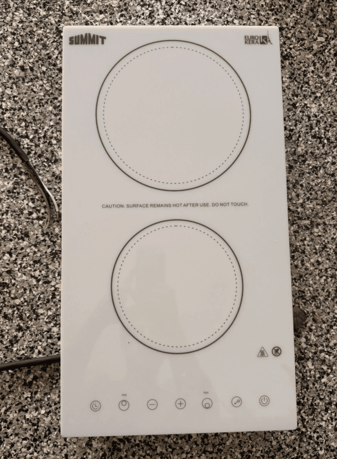 Summit CR2B23T4W 12" 2-Burner Radiant Cooktop – White Schott Glass, 230V