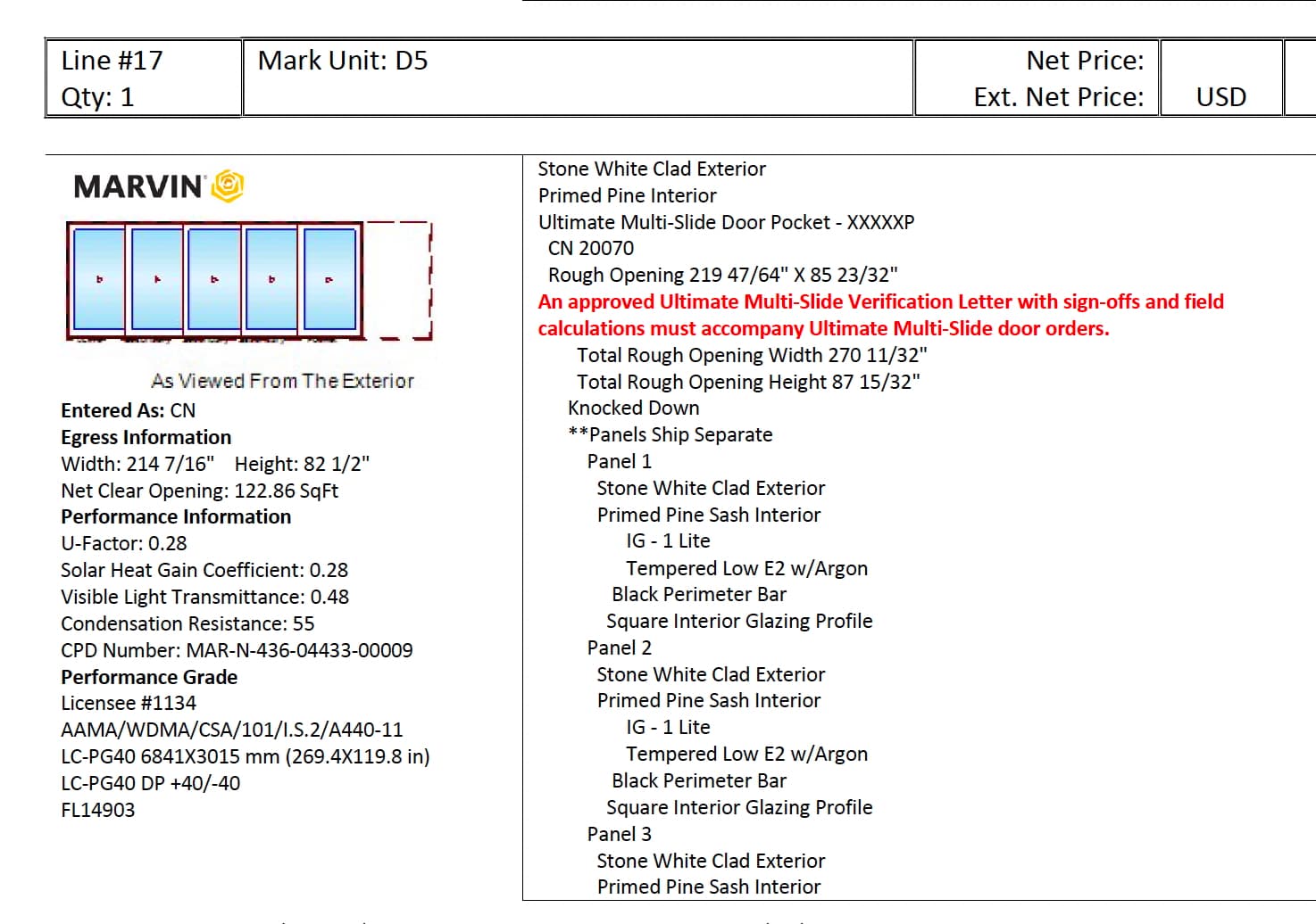 Marvin Lift and Slide Door 82" x 214" (pocket door style)