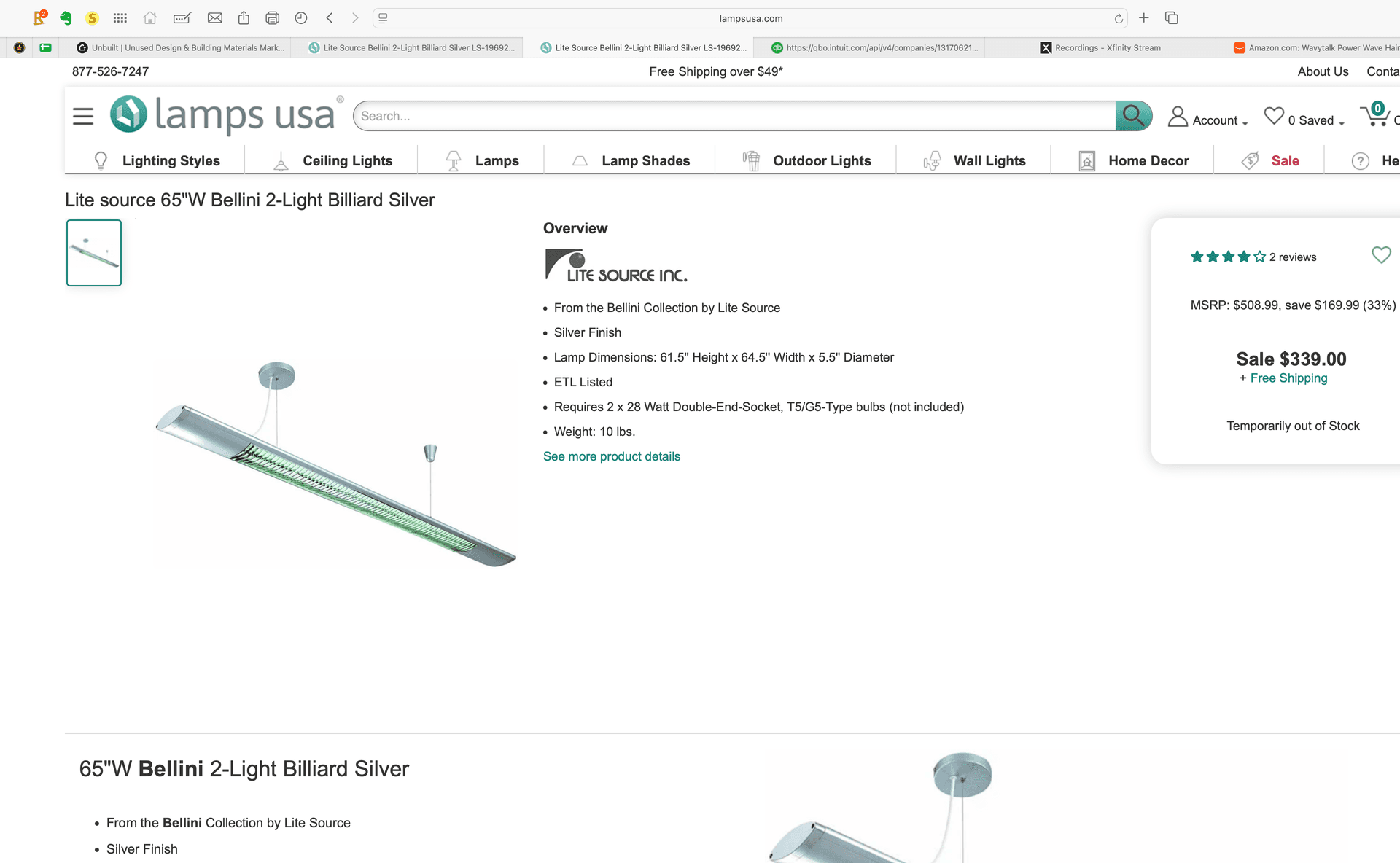 Lite Source Ls-19692SILV,Bellini” fluorescent ceiling/hanging fixtures,