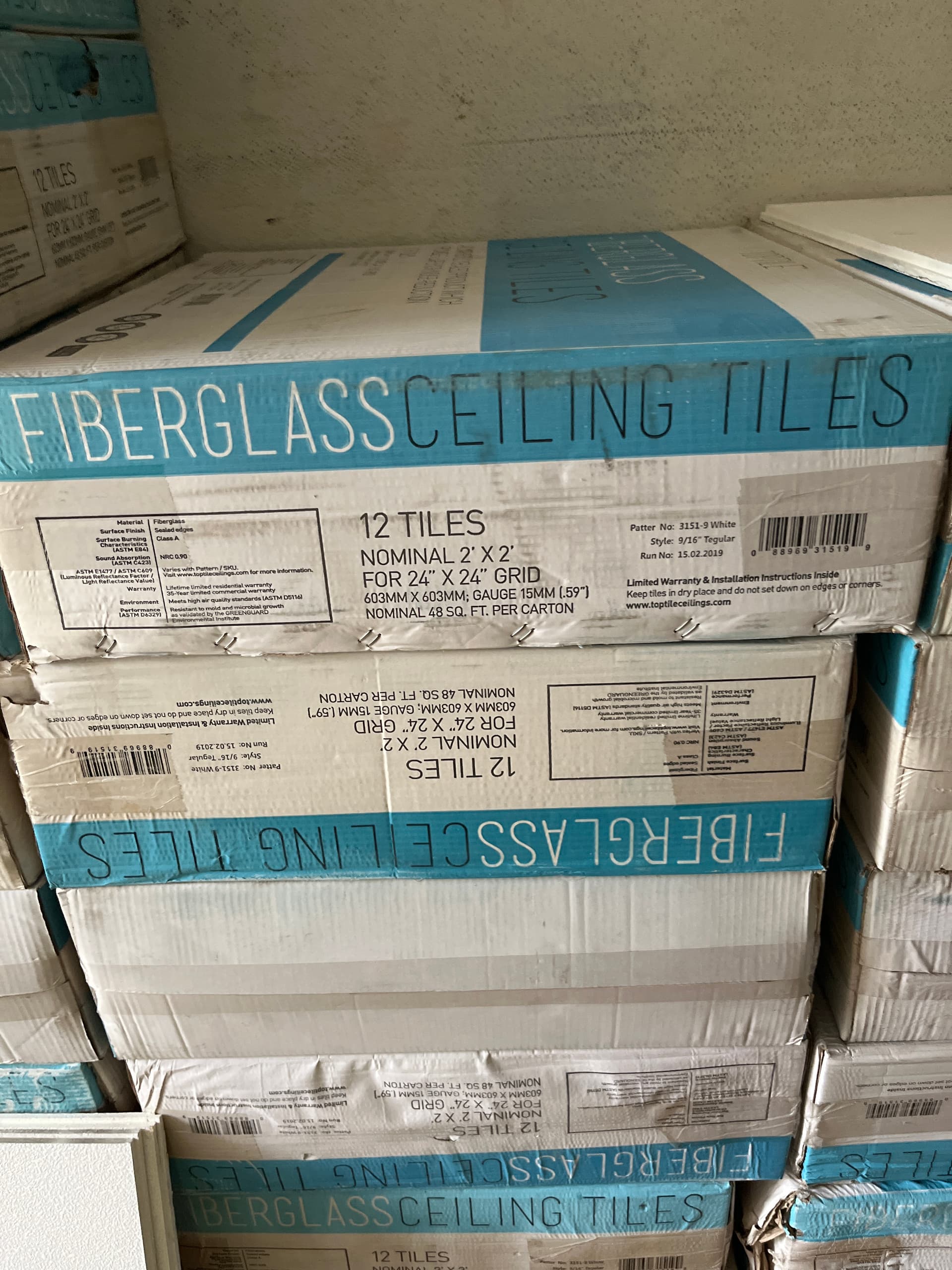 TopTile 2x2 White Fiberglass Ceiling Tiles 9/16 Tegular Case of 12 Lot of 20