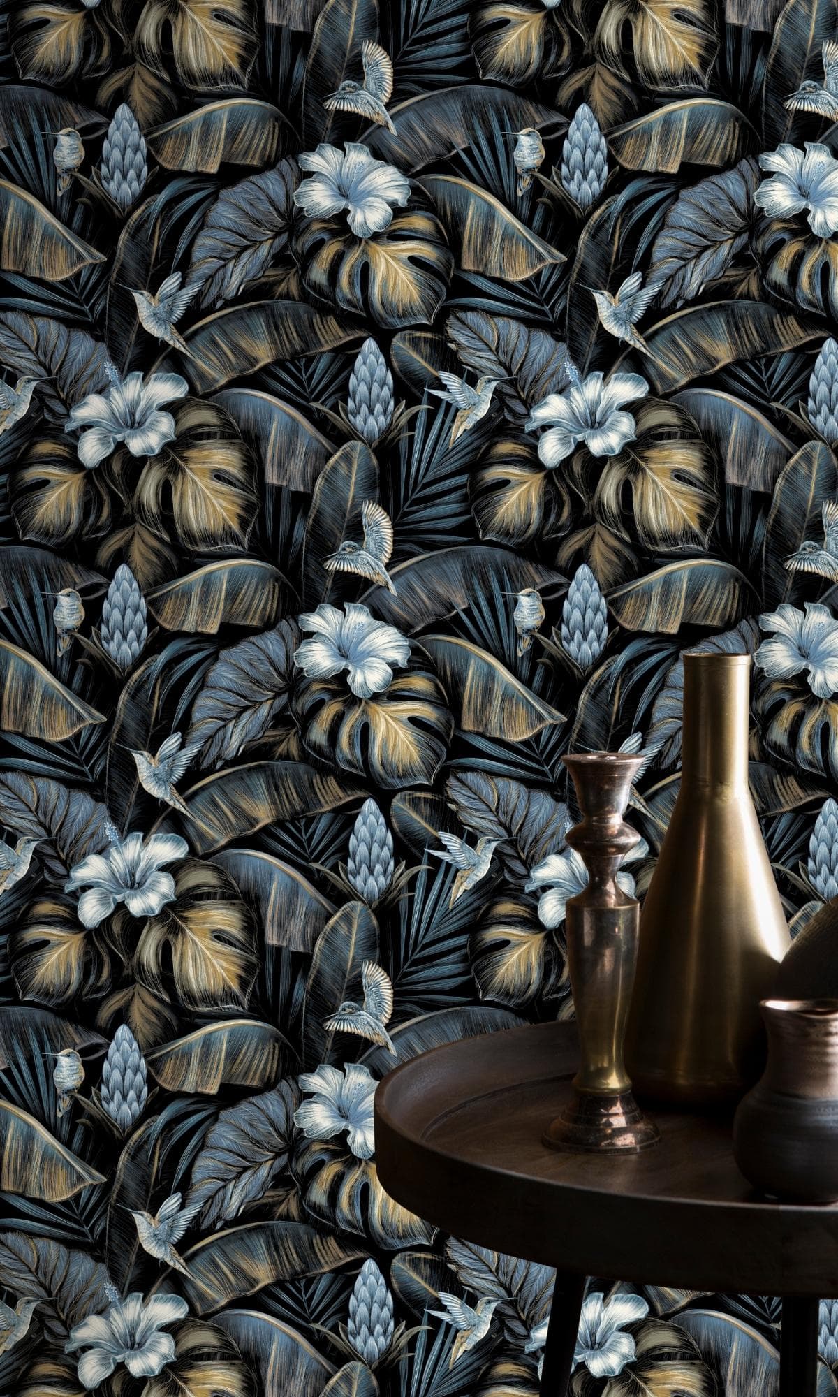 Blue Bold Floral Jungle Wallpaper