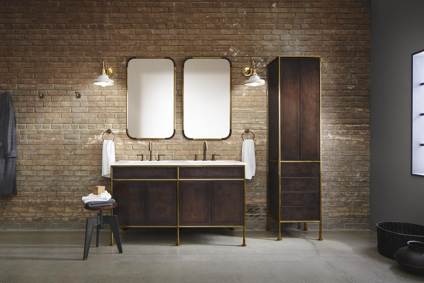 Robern | Mackey Vanity 60 x 34 x 23 in Aged Brass w Antique Bronze No Vanity Top