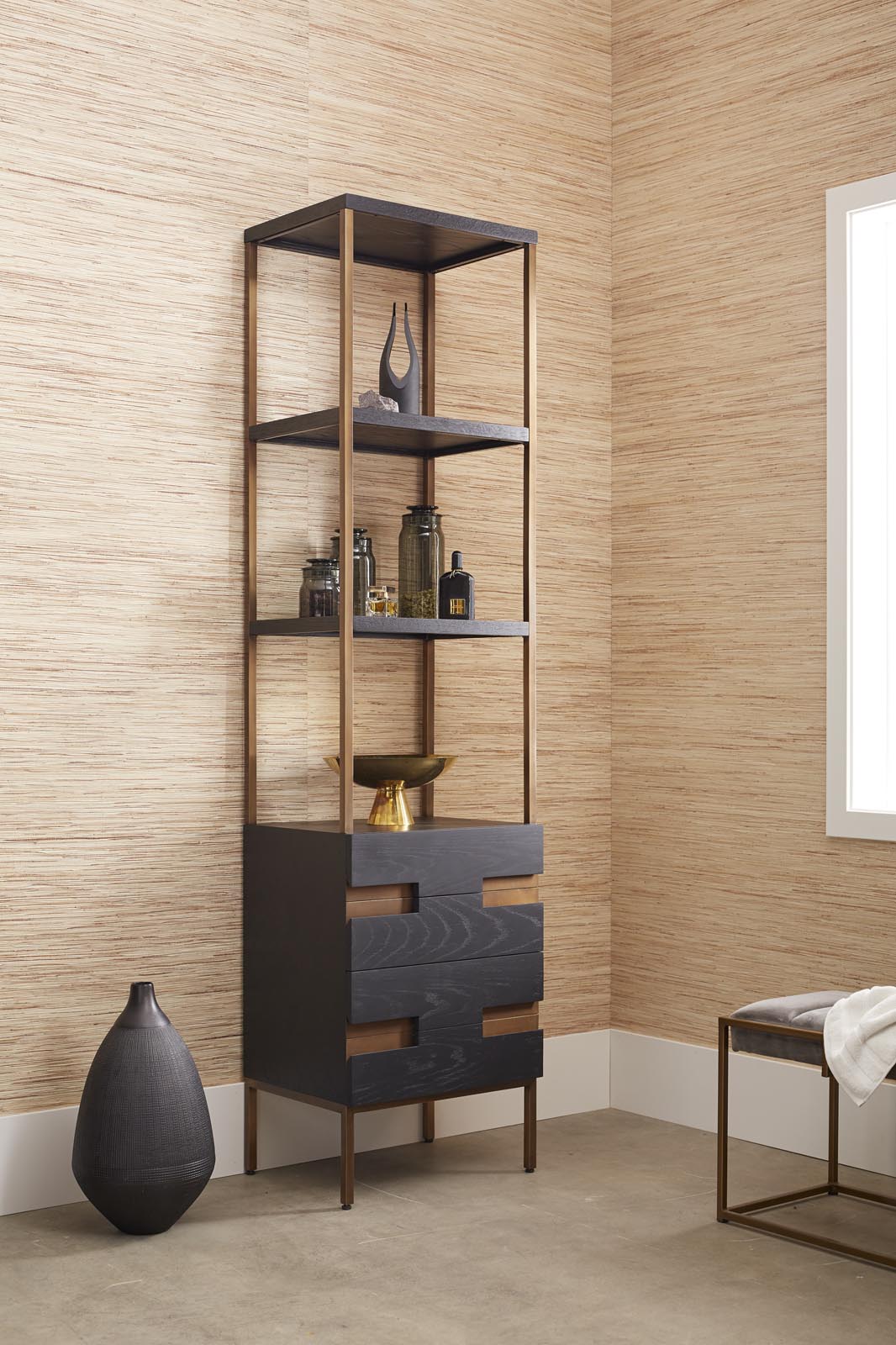 Robern | Sendai Linen Cabinet 20 x 80 x 16 in Matte Black Oak w Aged Brass