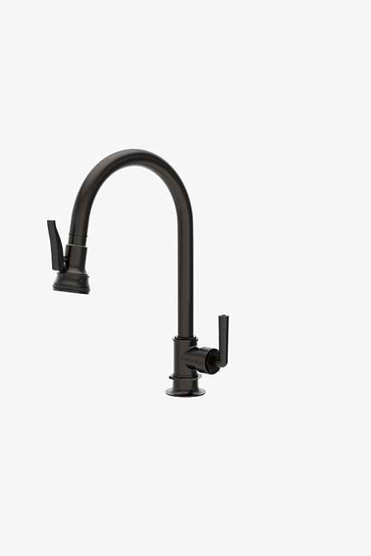 Waterworks | Henry One Hole Gooseneck Integrated Pull Spray Kitchen Faucet in Dark Brass