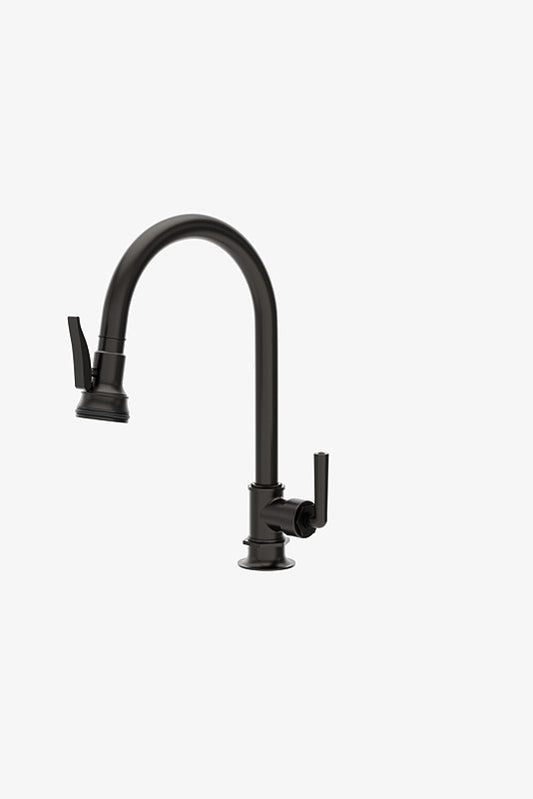 Waterworks | Henry One Hole Gooseneck Integrated Pull Spray Kitchen Faucet in Dark Brass
