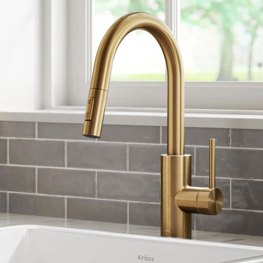 Kraus | Oletto Pull-Down Single Handle Kitchen Faucet in Brushed Brass
