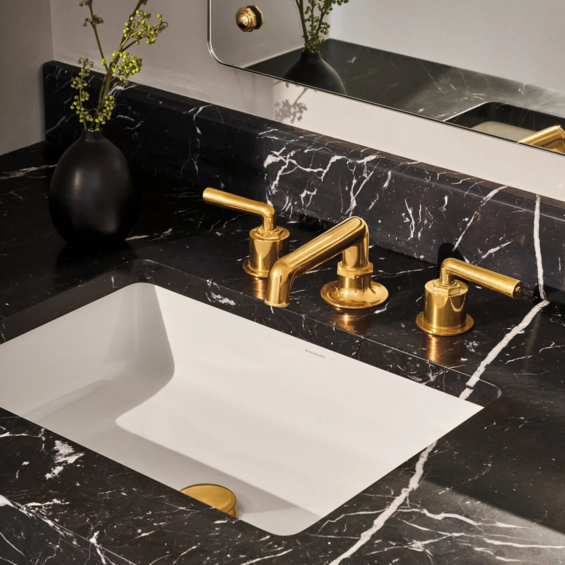 Waterworks | Henry Low Profile Three Hole Deck Mounted Lav Faucet with Lever Handles in Brass