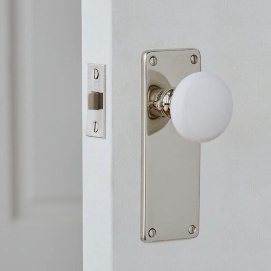 Rejuvenation | Door Set Benson, Tubular Knob Porcelain White Polished Chrome