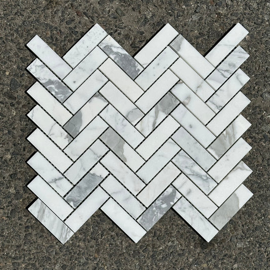Statuary White Marble | 1x3 Herringbone Mosaic Tile Honed