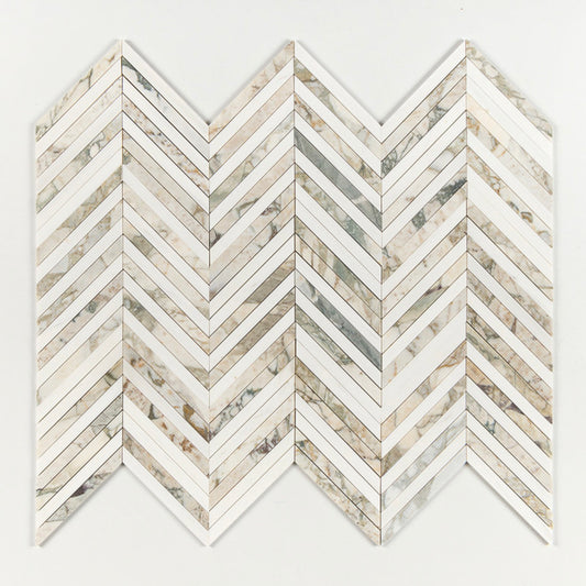 Marble Systems | Calacatta Green Honed Thin Chevron Waterjet Marble Mosaic