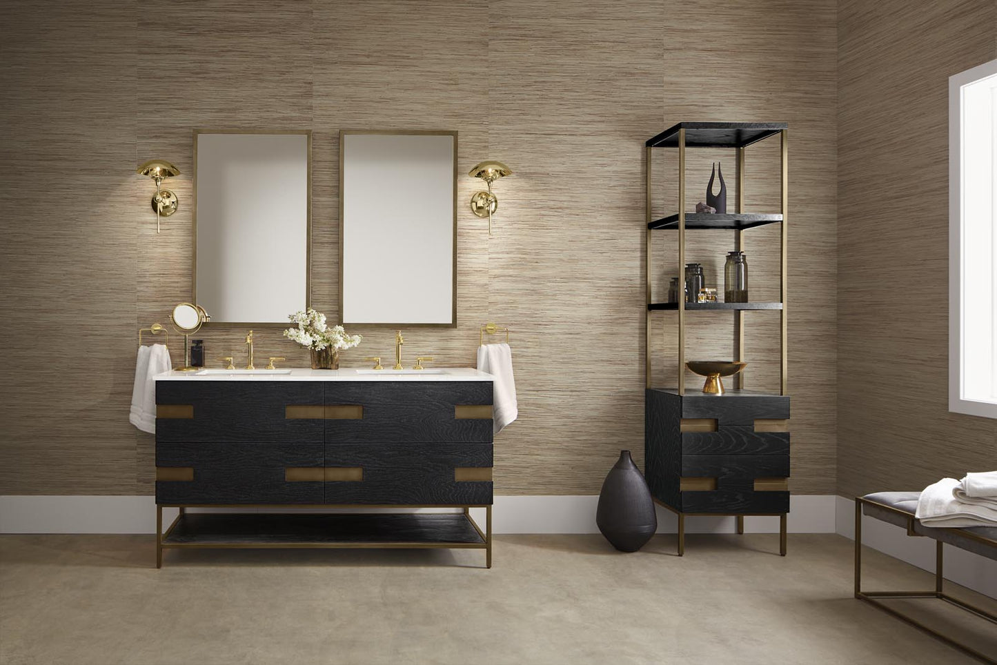 Robern | Sendai Vanity 59 x 32-7/8 x 22-1/2" M Black Oak w Aged Brass No Top