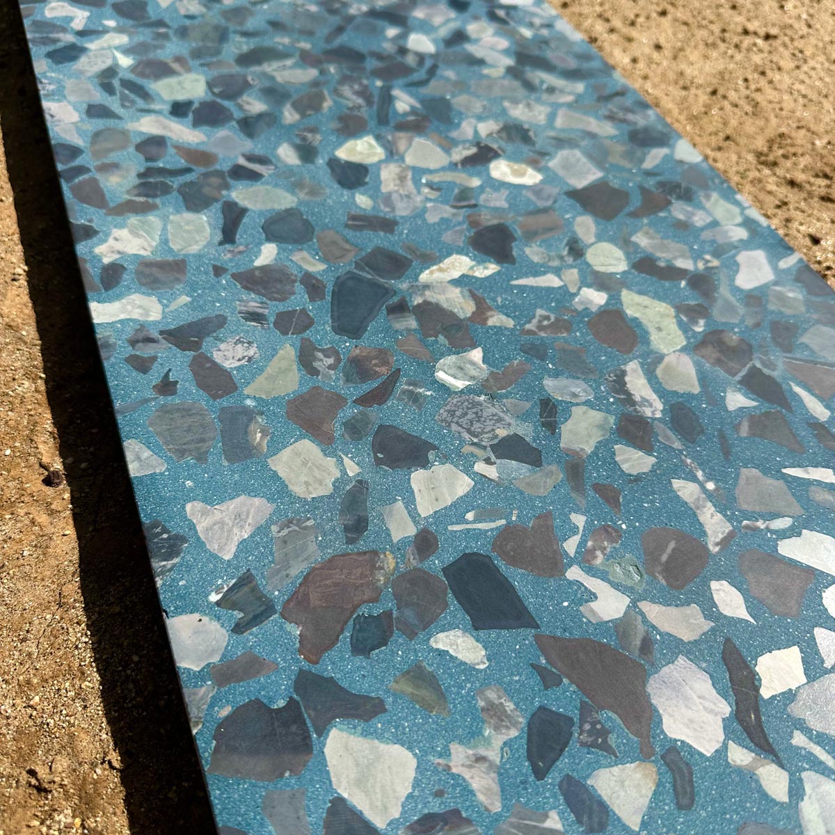 Concrete Collaborative | Venice Terrazzo 6x24 Azure Large Black and Pale Chip