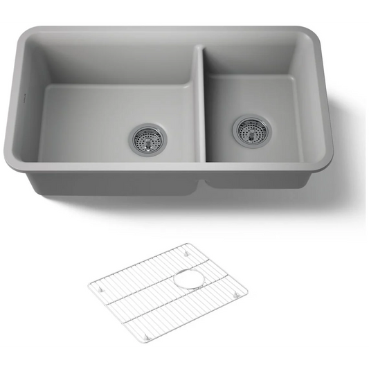 Kohler | Cairn Slim Divide 33-1/2" Undermount Double Bowl Neoroc Composite Kitchen Sink with Large Bowl Sink Rack in Matte Grey