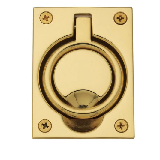 Baldwin | 2-1/2 Inch x 3-5/16 Inch Flush Ring Cabinet Pull in Non Lacquered Brass